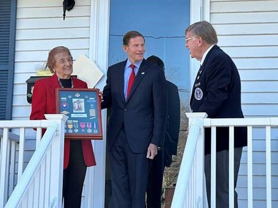 In celebration of Veterans Day, U.S. Senator Richard Blumenthal (D-CT) joined the Waterbury Veterans Memorial Committee to present 99-year-old Lauretta Marinara with a commemorative medal case to honor her late husband’s service during World War II.